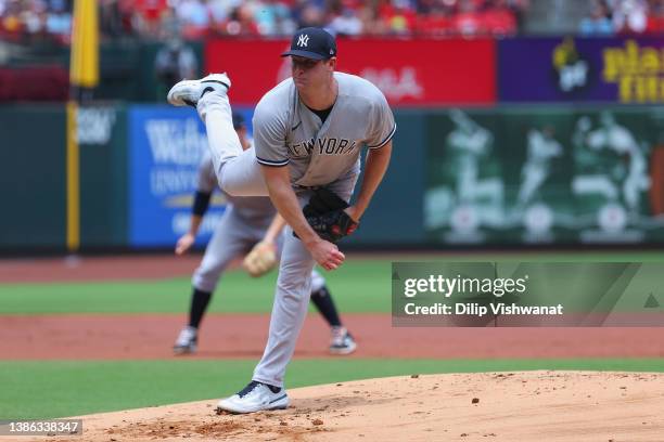 Gerrit Cole of the New York Yankees pitches against the St. Louis Cardinals in the first inning at Busch Stadium on July 2, 2023 in St Louis,...