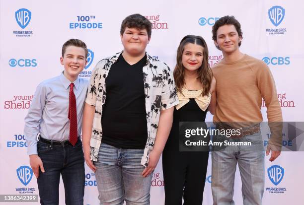 Iain Armitage, Wyatt McClure, Raegan Revord and Montana Jordan attend the premiere of Warner Bros. 100th Episode of "Young Sheldon" at Warner Bros....