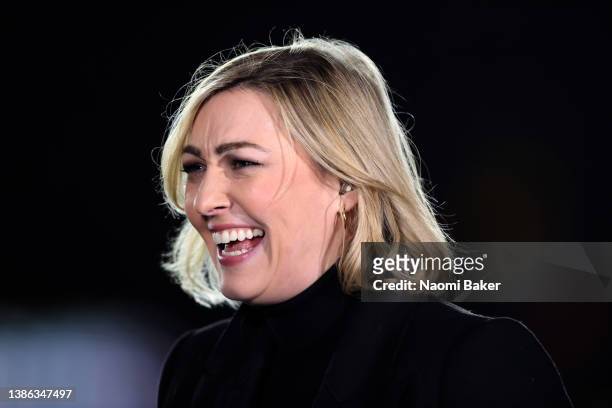 Sky Sports presenter and pundit Kelly Cates looks on during the Premier League match between Wolverhampton Wanderers and Leeds United at Molineux on...