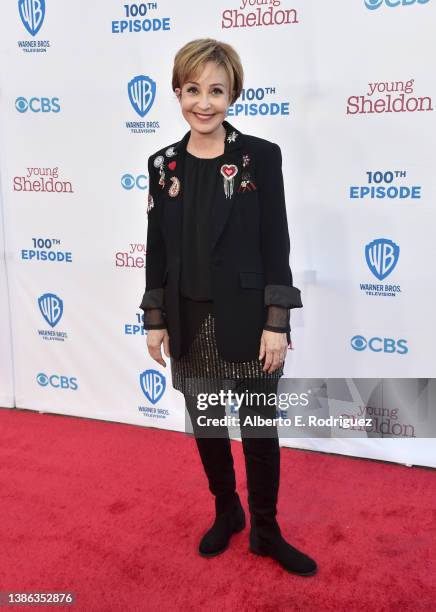 Annie Potts attends the Premiere Of Warner Bros. 100th Episode Of "Young Sheldon" at Warner Bros. Studios on March 18, 2022 in Burbank, California.