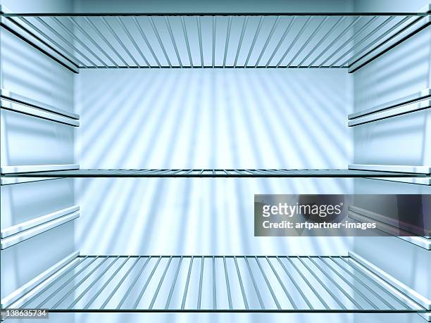 opened empty fridge with empty shelves, close-up - refrigerator stock-fotos und bilder