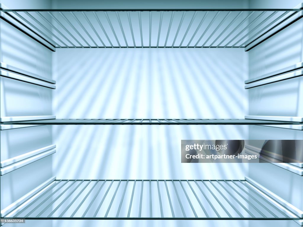 Opened Empty Fridge with empty shelves, close-up