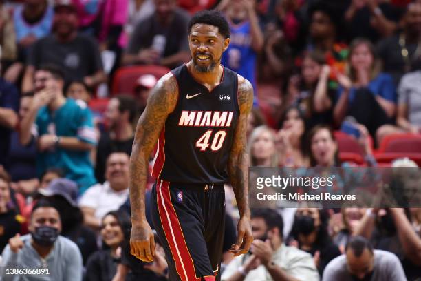 Udonis Haslem of the Miami Heat reacts after making a basket against the Oklahoma City Thunder during the second half at FTX Arena on March 18, 2022...