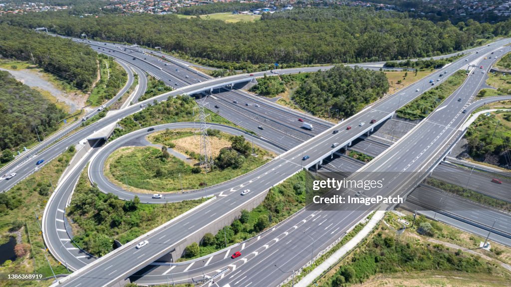 Major motorway traffic intersection from the air