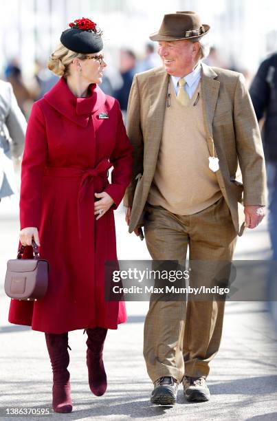 Zara Tindall and her father Mark Phillips attend day 4 'Gold Cup Day' of the Cheltenham Festival at Cheltenham Racecourse on March 18, 2022 in...