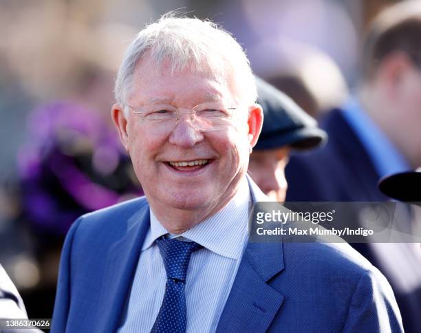 Sir Alex Ferguson watches his horse 'Protektorat' run in the Gold Cup on day 4 'Gold Cup Day' of the Cheltenham Festival at Cheltenham Racecourse on...
