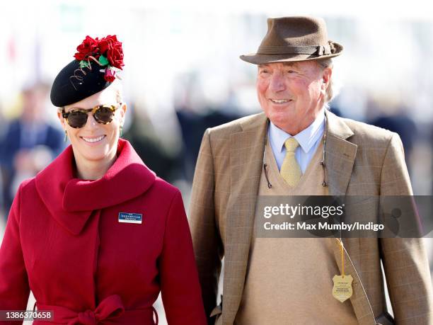 Zara Tindall and her father Mark Phillips attend day 4 'Gold Cup Day' of the Cheltenham Festival at Cheltenham Racecourse on March 18, 2022 in...