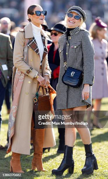 Jade Holland Cooper and Pixie Lott watch the racing as they attend day 4 'Gold Cup Day' of the Cheltenham Festival at Cheltenham Racecourse on March...