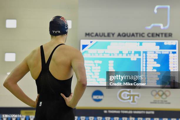 Lia Thomas looks on prior to the start of the 200 Yard Freestyle during the 2022 NCAA Division I Women's Swimming & Diving Championship at the...