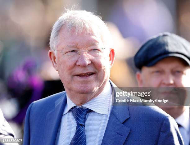 Sir Alex Ferguson watches his horse 'Protektorat' run in the Gold Cup on day 4 'Gold Cup Day' of the Cheltenham Festival at Cheltenham Racecourse on...