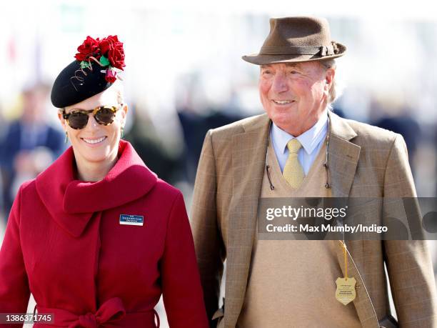 Zara Tindall and her father Mark Phillips attend day 4 'Gold Cup Day' of the Cheltenham Festival at Cheltenham Racecourse on March 18, 2022 in...