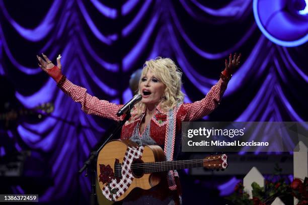 Dolly Parton performs on stage at ACL Live during Blockchain Creative Labs’ Dollyverse event at SXSW during the 2022 SXSW Conference and Festivals on...