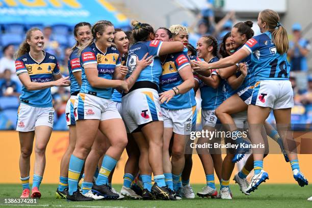 The Titans celebrates victory after the round four NRL match between the Gold Coast Titans and the Brisbane Broncos at Cbus Super Stadium, on March...