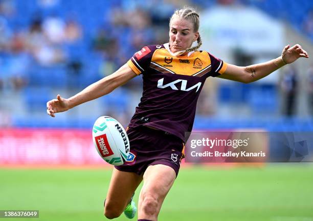 Ali Brigginshaw of the Broncsos kicks the ball during the round four NRL match between the Gold Coast Titans and the Brisbane Broncos at Cbus Super...