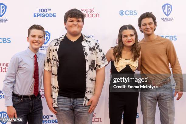 Iain Armitage, Wyatt McClure, Raegan Revord and Montana Jordan attend the premiere of Warner Bros. 100th episode of 'Young Sheldon' at Warner Bros....