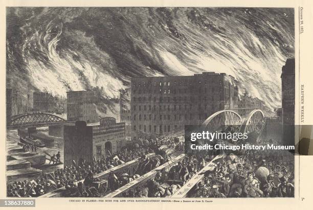 Illustration from Harper's Weekly of people fleeing over the Randolph Street bridge during the Great Chicago Fire, Chicago, Illinois, October 28,...