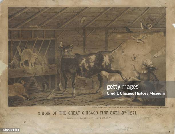 Lithograph of the interior of Patrick and Kate O'Leary's barn featuring a cow kicking over a lantern, mythic origin of the Great Chicago Fire,...