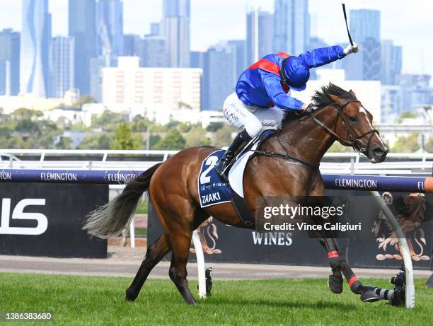 Jamie Kah riding Zaaki winning Race 6, the The Seppelt Wines All-star Mile, during All-Star Mile Race day at Flemington Racecourse on March 19, 2022...