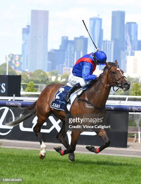 Jamie Kah riding Zaaki winning Race 6, the The Seppelt Wines All-star Mile, during All-Star Mile Race day at Flemington Racecourse on March 19, 2022...