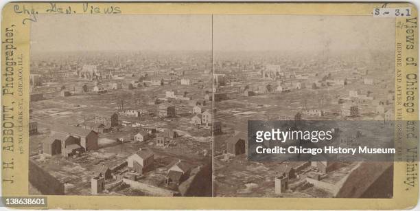 Stereograph of view north/northwest from the Water Tower after the Great Chicago Fire, Chicago, Illinois, 1871.