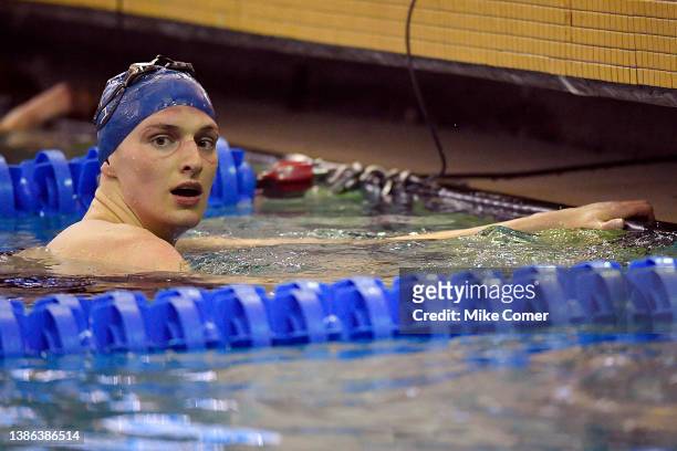Lia Thomas looks on after finishing fifth in the 200 Yard Freestyle during the 2022 NCAA Division I Women's Swimming & Diving Championship at the...