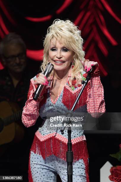 Singer-songwriter Dolly Parton performs onstage at "Dollyverse Powered By Blockchain Creative Labs on Eluv.io" during the 2022 SXSW Conference And...