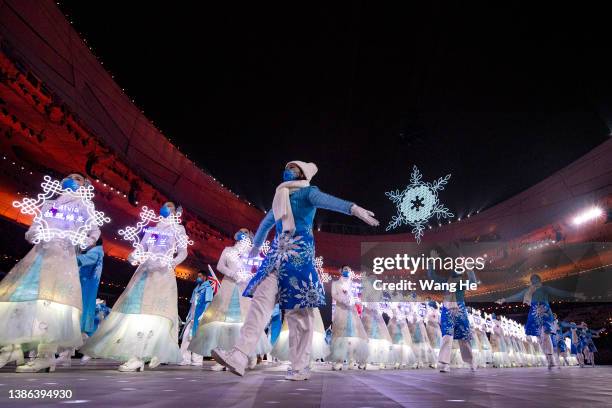 Performers are seen during the Closing Ceremony on day nine of the 2022 Beijing Winter Paralympics at Beijing National Stadium on March 13, 2022 in...