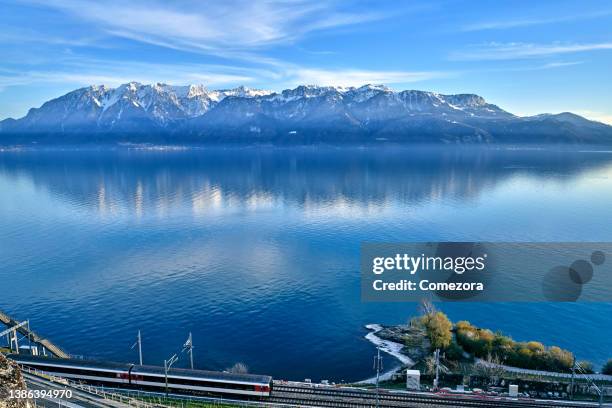 lake geneva at morning, montreux, switzerland - montreux stock pictures, royalty-free photos & images