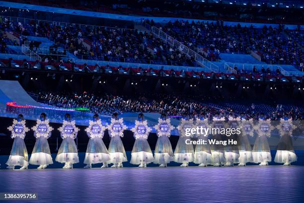 Performers are seen during the Closing Ceremony on day nine of the 2022 Beijing Winter Paralympics at Beijing National Stadium on March 13, 2022 in...