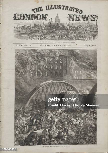 Front page of the Illustrated London News which featured people on the Randolph Street bridge during the Great Chicago Fire, Chicago, Illinois,...