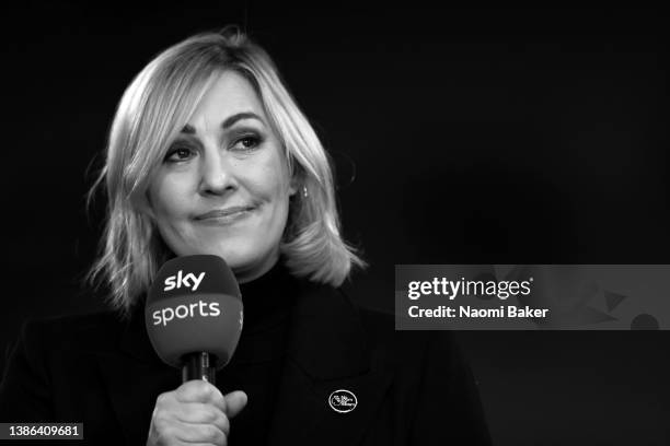 Sky Sports presenter and pundit Kelly Cates looks on during the Premier League match between Wolverhampton Wanderers and Leeds United at Molineux on...