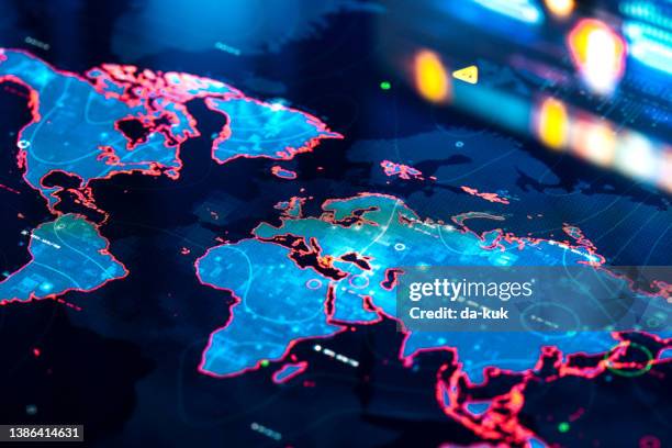 world map on digital display - global network stockfoto's en -beelden