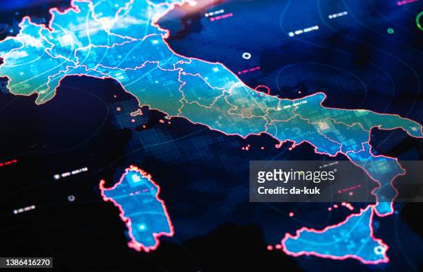 map of italy on digital display - finance and economy stock pictures, royalty-free photos & images