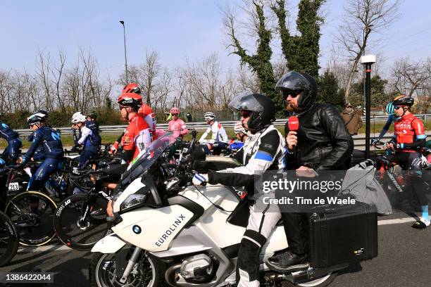 Sir Bradley Wiggins of United Kingdom Ex-Procyclist and TV commentator during the 113th Milano-Sanremo 2022 a 293km one day race from Milano to...