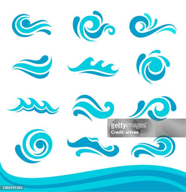 blue waves set. liquid shape elements - marines logo stock illustrations