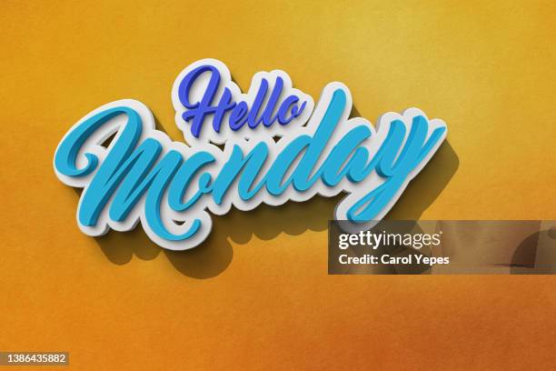 hello monday text in orange background - monday stock-fotos und bilder