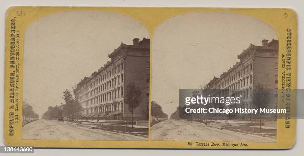 Stereograph of view of Terrace Row on Michigan Avenue, Chicago, Illinois, late 1860s.