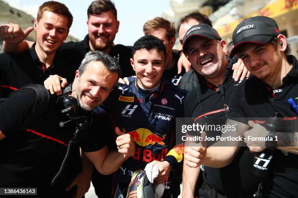 Race winner Isack Hadjar of France and Hitech Grand Prix celebrates with his team in parc ferme during the Round 1:Sakhir Sprint Race of the Formula...