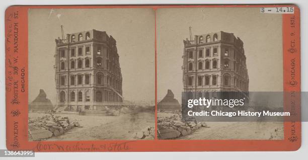 Stereograph of view of the First National Bank after the Great Chicago Fire , Chicago, Illinois, 1871.