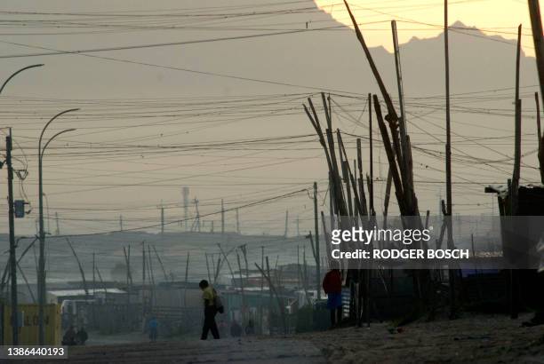 Boy walks to school on June 2, 2010 in an informal settlement in Khayelitsha, a poor area of shacks about 30 kms east of the center of Cape Town....