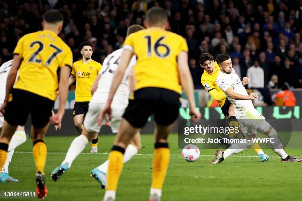 Francisco Trincao of Wolverhampton Wanderers scores his team's second goal during the Premier League match between Wolverhampton Wanderers and Leeds...
