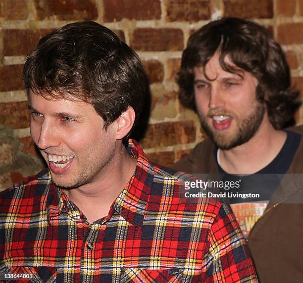 Actor Jon Heder and brother Dan Heder attend the premiere of HBO's "Eastbound & Down" Season 3 at Cinespace on February 9, 2012 in Hollywood,...