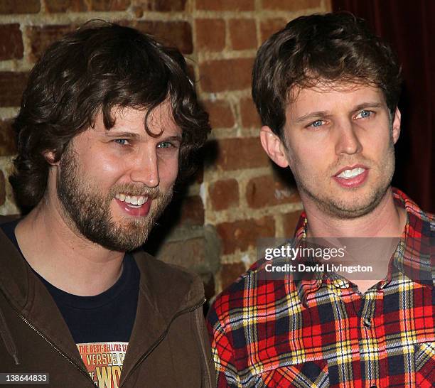 Actor Jon Heder and brother Dan Heder attend the premiere of HBO's "Eastbound & Down" Season 3 at Cinespace on February 9, 2012 in Hollywood,...