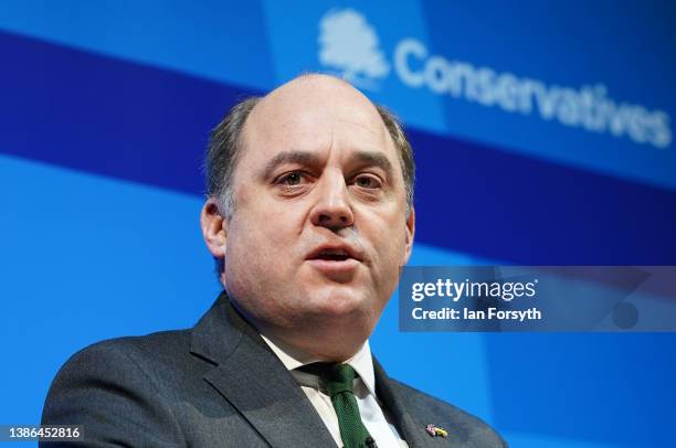 Britain's Defence Secretary Ben Wallace addresses delegates during the Conservative Party Spring Conference at Blackpool Winter Gardens on March 19,...