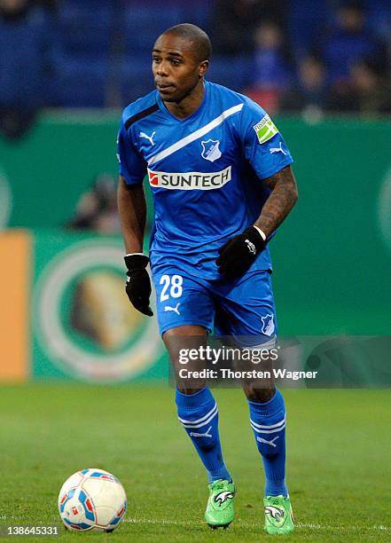 Edson Braafheid of Hoffenheim runs with the ball during the DFB Cup Quarter Final match between TSG 1899 Hoffenheim and SpVgg Greuther Fuerth at...