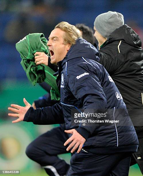 Head coach Mike Bueskens of Fuerth reacts during the DFB Cup Quarter Final match between TSG 1899 Hoffenheim and SpVgg Greuther Fuerth at...