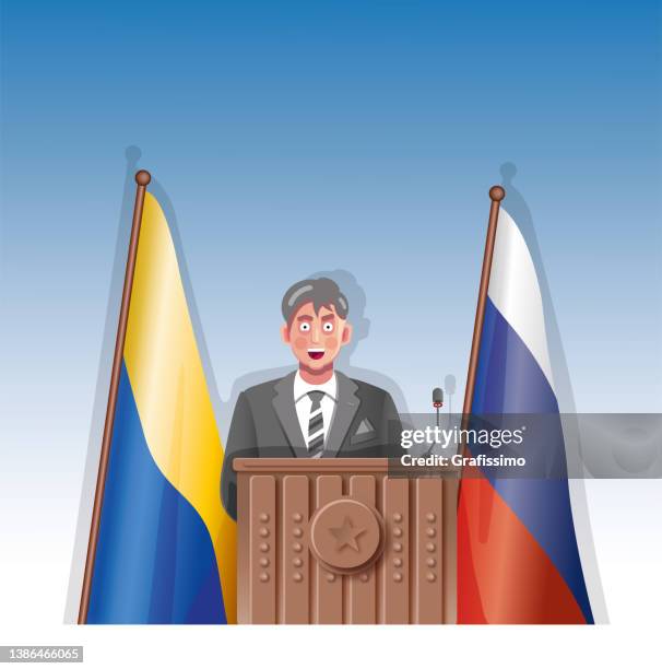 politiker hinter hölzernem podium tribüne rednerpult spricht auf konferenz zwischen russischer und ukrainischer flagge - president of ukraine stock-grafiken, -clipart, -cartoons und -symbole