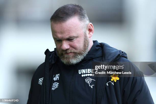 Wayne Rooney, Manager of Derby County looks on prior to the Sky Bet Championship match between Derby County and Coventry City at Pride Park Stadium...