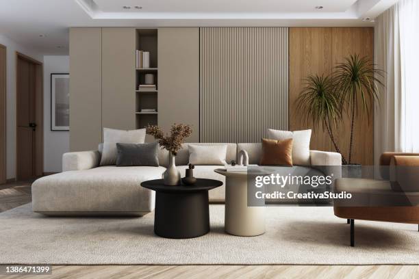 modernes wohnzimmer-interieur - 3d-rendering - grauer raum stock-fotos und bilder