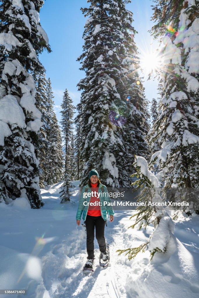 Woman snowshoes through snowy forest, in the sunshine